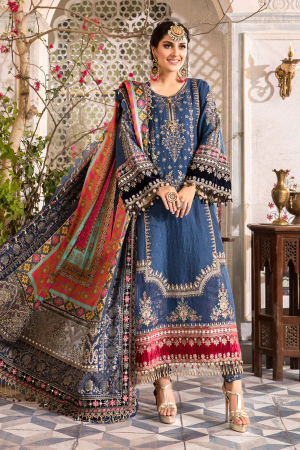 Maria B Blue Embroidered Unstitched 3 Piece Chiffon Suit - Party Wear