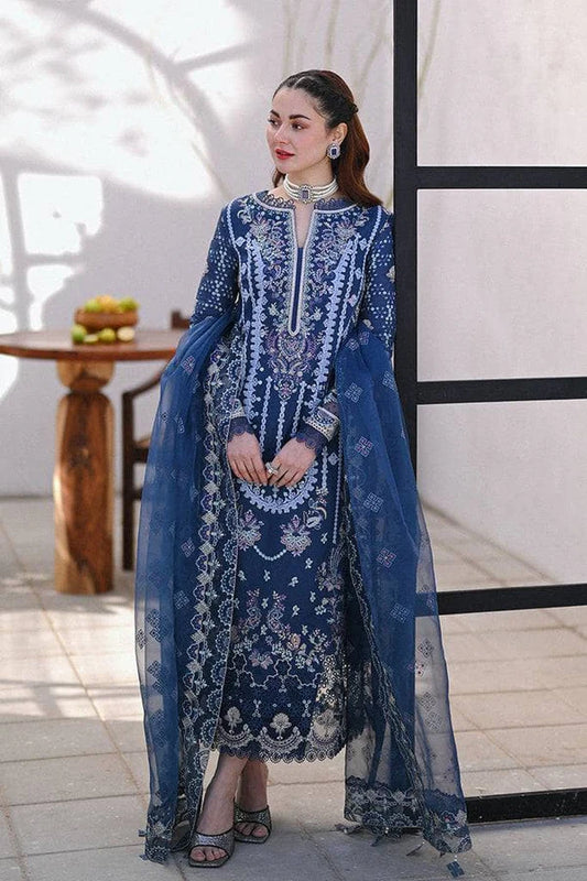 Qalamkar Dark Blue Embroidered 3 Piece Suit Chikankari Unstitched