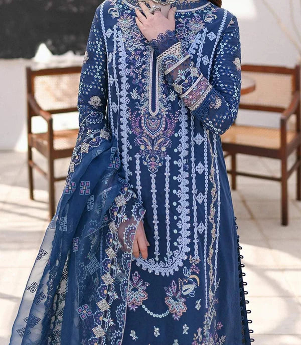 Qalamkar Dark Blue Embroidered 3 Piece Suit Chikankari Unstitched