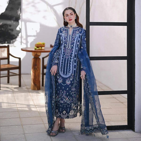 Qalamkar Dark Blue Embroidered 3 Piece Suit Chikankari Unstitched