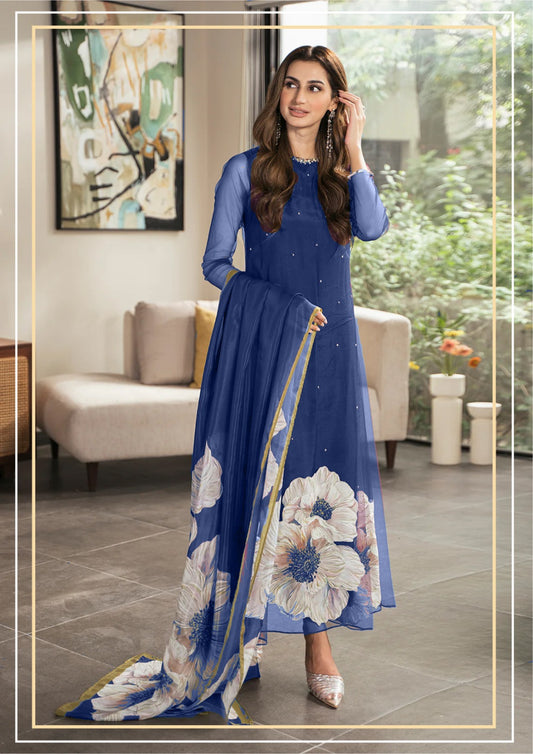 Lulusar Blue Silk Embroidered 3 Piece Unstitched Dress