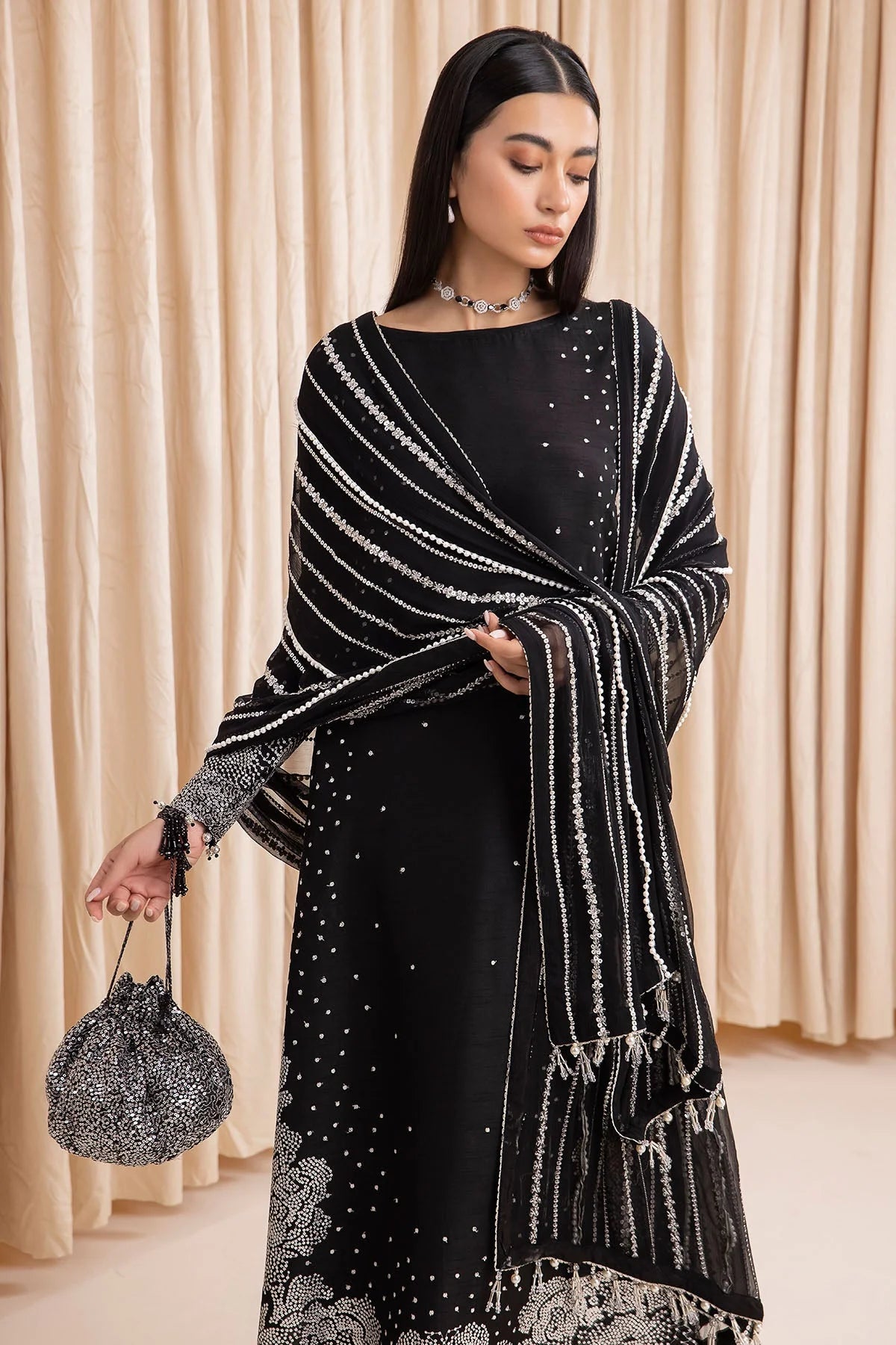 Jasmine Black Embroidered Raw Silk 3 Piece Unstitched