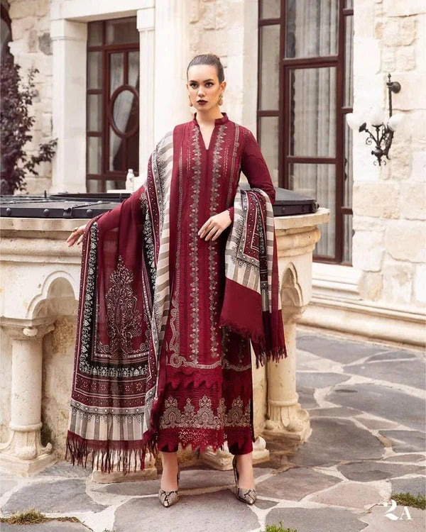 Maria B Mehroon 3 Piece Luxury Premium Pure Chikankari Lawn With Khaadi Net